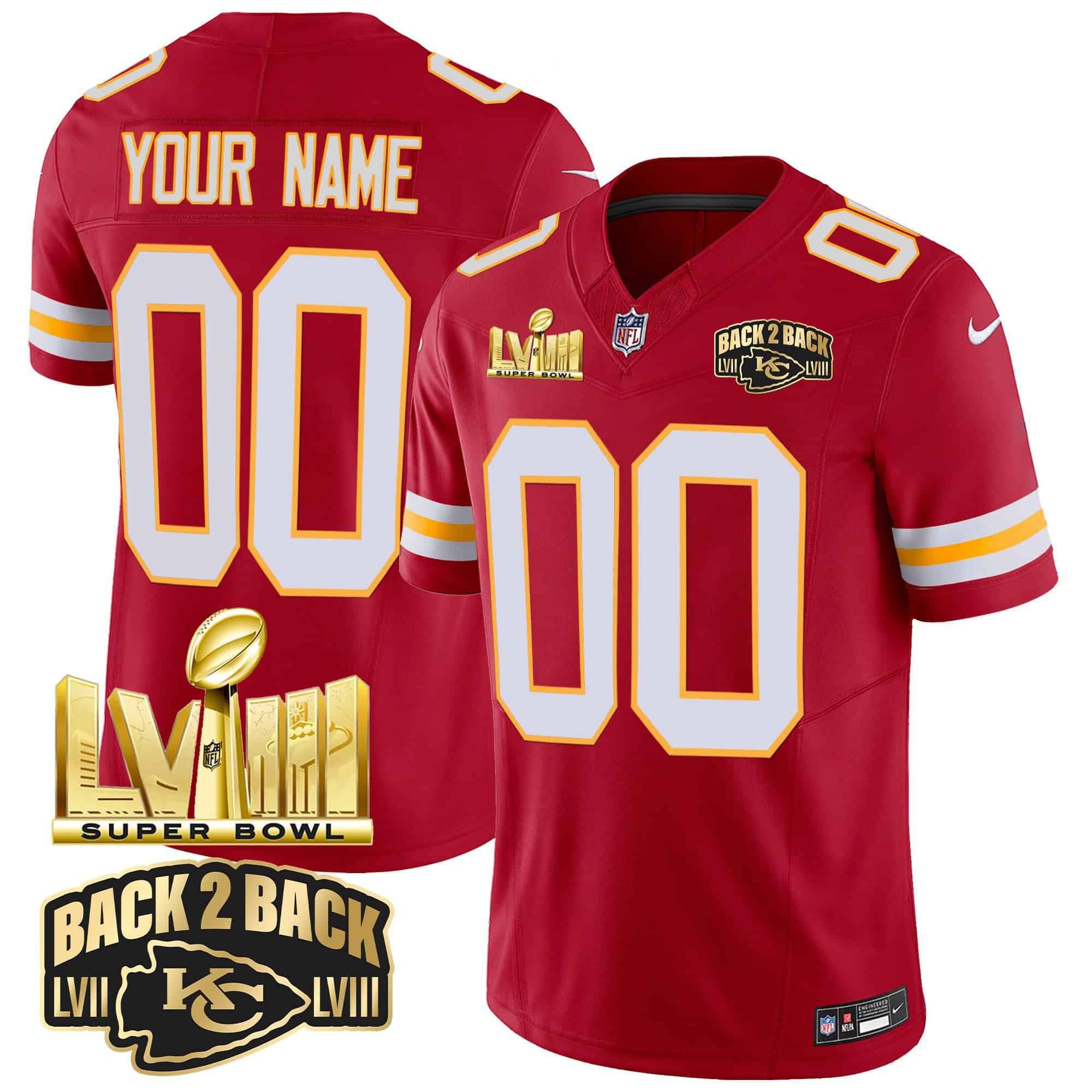Men Kansas City Chiefs Red 2024 Nike Super Bowl LVIII & Back-2-Back Gold Patch Vapor Custom NFL Jersey style 3->customized nfl jersey->Custom Jersey